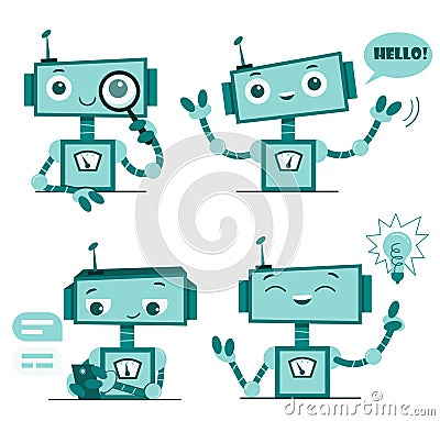 Smiling cute robots chat bot. Support service character. Vector Illustration