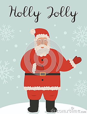 Smiling cute Santa Claus standing on winter background with snowflakes and laughing. Bright colored holiday vector Vector Illustration