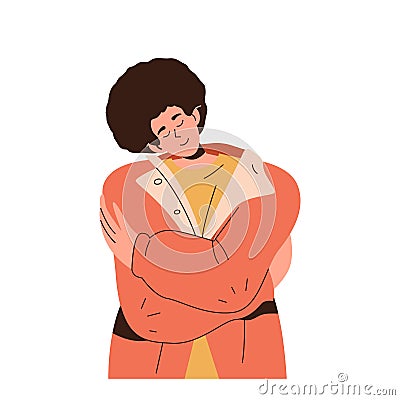 Smiling cute young woman hugging herself with hands using psychology technique for stress relief Vector Illustration