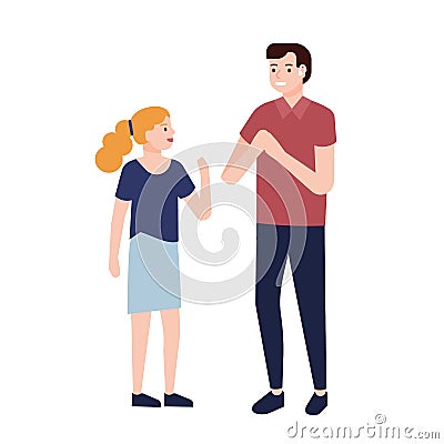 Smiling deaf man showing signs to little girl. Communication with people with deafness or hearing impairment. Cute Vector Illustration