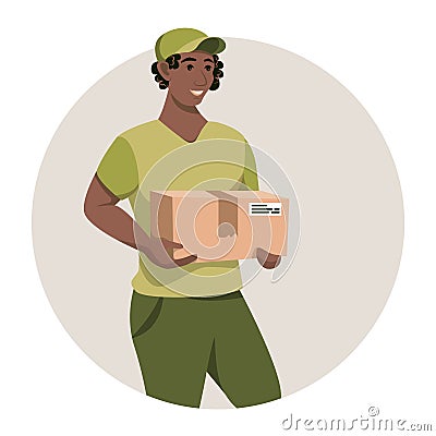 Smiling delivery black man in uniform with box in hands. Courier with parcel. Vector illustration. Flat style. Vector Illustration
