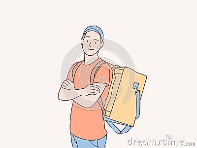 smiling delivery courier carrying bag order shipping service simple korean style illustration Vector Illustration