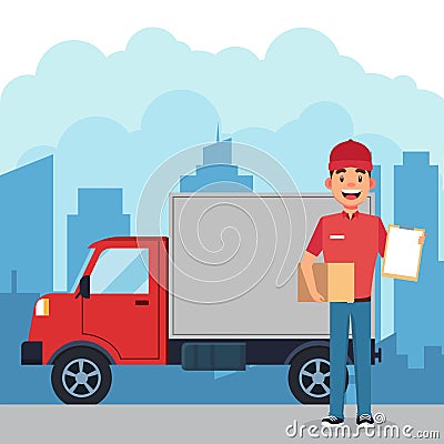 Smiling delivery man with cardbox courier and truck Vector Illustration