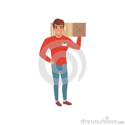 Smiling delivery man holding box on his shoulder. Courier service. Cartoon male character in working uniform red sweater Vector Illustration