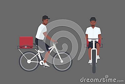 Smiling delivery man riding bicycle. Male cyclist delivering parcel. Courier boy in cap pedal modern bike isolated on Vector Illustration