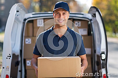 Smiling delivery man standing in front of his van holding a package Stock Photo