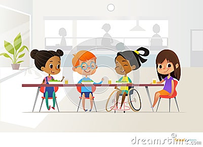 Smiling disabled girl sitting at table in school canteen and talking to her classmates. Children s friendship. Inclusive education Vector Illustration