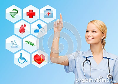 Smiling doctor over medical icons blue background Editorial Stock Photo