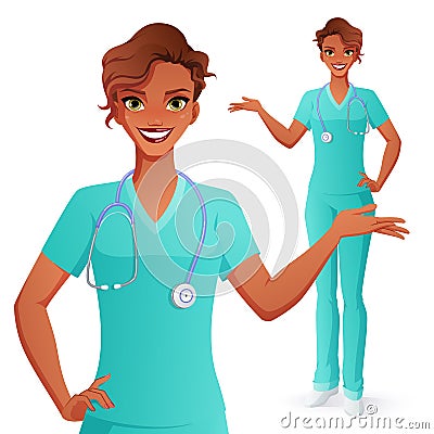 Smiling doctor presenting. Woman in medical uniform. Isolated vector illustration. Vector Illustration