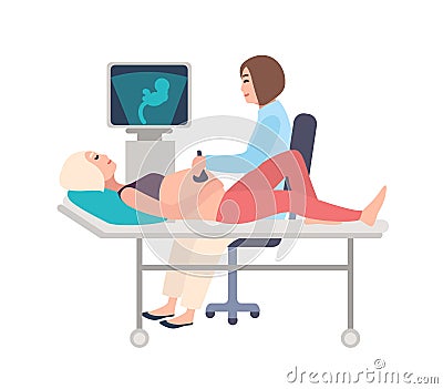 Smiling doctor or sonographer doing obstetric ultrasonography procedure on pregnant woman with medical ultrasound Vector Illustration