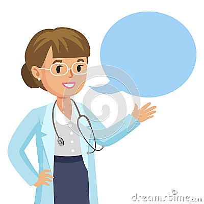 Smiling doctor with speech bubble. Happy physician. Vector Vector Illustration