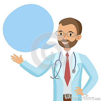 Smiling doctor with speech bubble. Happy physician. Vector Vector Illustration