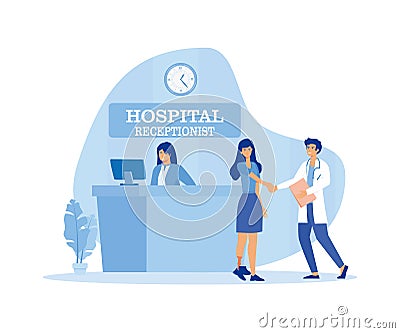 Smiling doctor, woman with prosthesis and receptionist. Hospital visit, happy doctor and patient handshake at the front desk. Vector Illustration