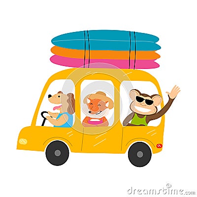 Smiling dog, monkey and fox friends going on vacations by yellow vintage car Vector Illustration