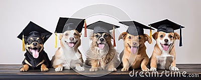 Smiling Dogs In Graduation Hats, White Background Stock Photo