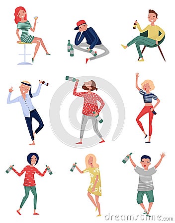 Smiling drunk people set, happy men and women with bottle of alcohol drink in their hands vector Illustrations on a Vector Illustration
