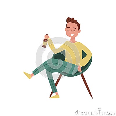 Smiling drunk young man cartoon character, guy sitting in chair with bottle of beer in his hands vector Illustration on Vector Illustration