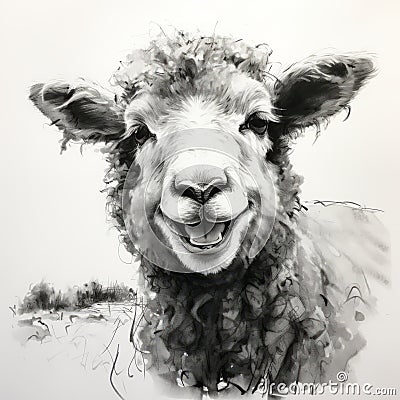 Playful Sheep Portrait: Ink Wash Painting By Afarin Sajedi Stock Photo