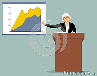 Smiling elderly speaker woman stands behind the brown wooden lectern and carries out the report, makes analysis of the line chart Cartoon Illustration