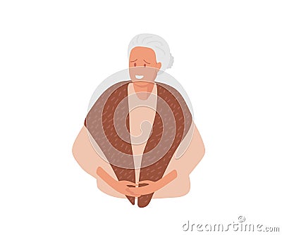 Smiling elderly woman with gray hair. Senior woman wears warm shawl or winter handkerchief on his shoulders. Kind Vector Illustration