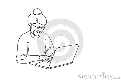 Smiling elderly woman working on laptop Vector Illustration