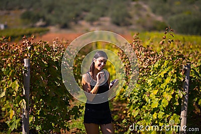 Smiling elegant woman in nature.Joy and happiness.Serene female in wine grape field in sunset.Wine growing field.Agricultural tour Stock Photo