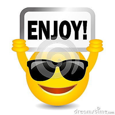 Smiling happy emoji with Enjoy sign Vector Illustration