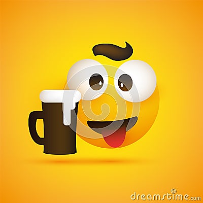 Smiling Emoji, Simple Smiling Happy Emoticon with Squint Pop Out Eyes, Tongue and a Glass of Beer on Yellow Background Vector Illustration