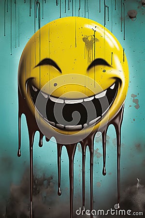 Smiling emoticon with dripping eyes and mouth on grunge background Stock Photo