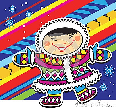 Smiling Eskimo little boy on a motley Escimo style background. Vector Illustration