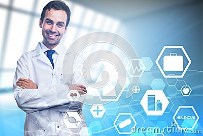Smiling european doctor with interface Stock Photo