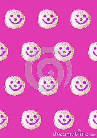 Smiling Face Coconut Flakes Jelly Donuts Pattern on Purple Background Stock Photo