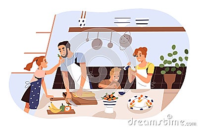 Smiling family cooking and trying dessert together vector flat illustration. Mother, father and children preparing Vector Illustration