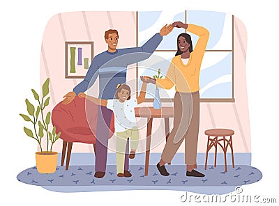 Smiling family dancing having fun at home together Vector Illustration