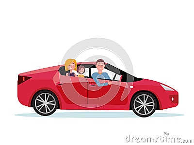 Smiling family inside their new red car. driver at the wheel of car. Mom and daughter are sitting in back seat. Side view of Cartoon Illustration