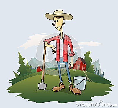 Smiling farmer with a shovel and a bucket, funny cartoon character standing on the grass with trees and mountain Vector Illustration