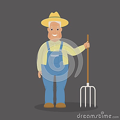 Smiling farmer staying with pitchfork Vector Illustration