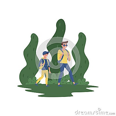 Smiling father and his sons hiking in green forest. Summer outdoor activity. Fatherhood theme. Flat vector design Vector Illustration