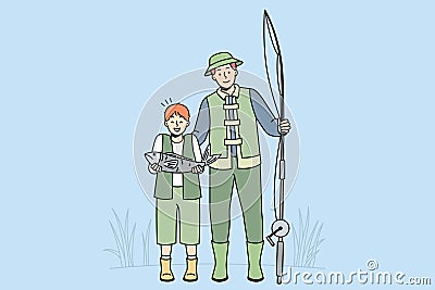 Smiling father and son excited with fish catch Vector Illustration