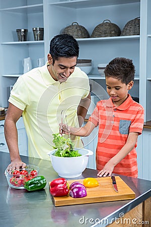 Smiling father preparing salad with his son Stock Photo