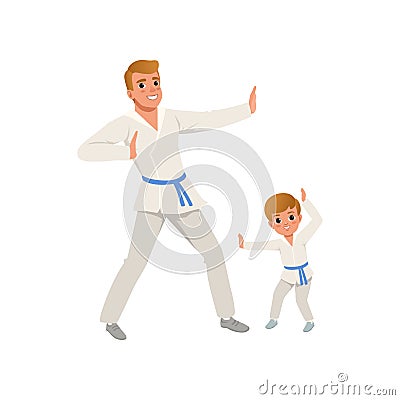 Smiling father and son training karate blows. Dad and child wearing kimonos and blue belts. Martial art. Fatherhood Vector Illustration