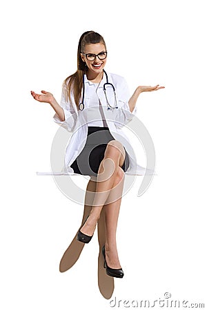 Smiling Feamle Doctor Sitting On A Top Of Banner Stock Photo