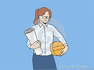 Smiling female architect with blueprints and helmet Vector Illustration