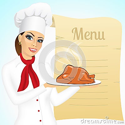 Smiling female chef with christmas roasted turkey Vector Illustration