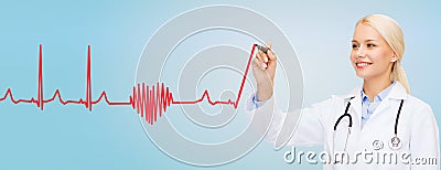 Smiling female doctor drawing heartbeat cardiogram Stock Photo