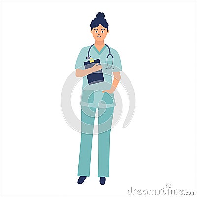 Smiling female doctor in full-length medical uniform with a tablet in her hand, a stethoscope around her neck. Cartoon vector Vector Illustration