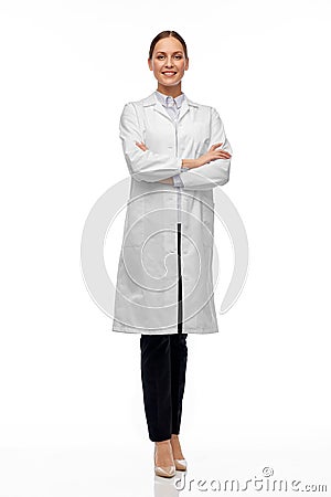 Smiling female doctor or scientist in white coat Stock Photo