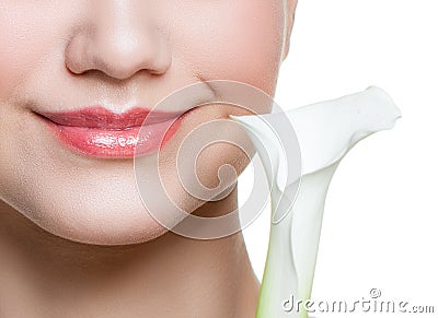 Smiling female lips with natural color lipgloss isolated Stock Photo