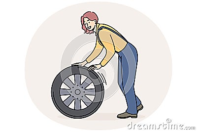 Smiling female mechanic with tire Vector Illustration