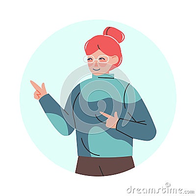 Smiling Female Pointing Fingers Making Positive Hand Gesture in Circular Frame Vector Illustration Vector Illustration